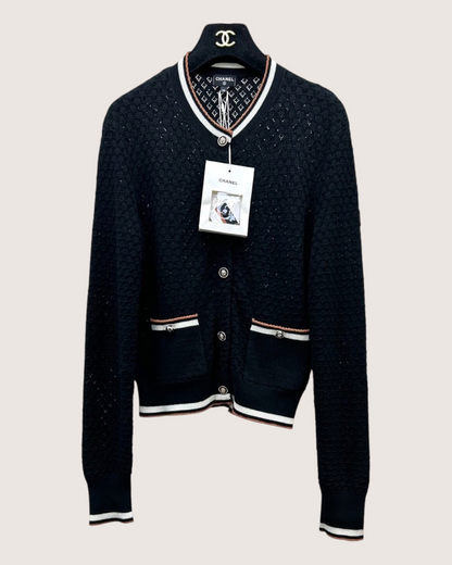 Chanel 26C Contrast-Trim Cardigan Black, White, Brown FR 34