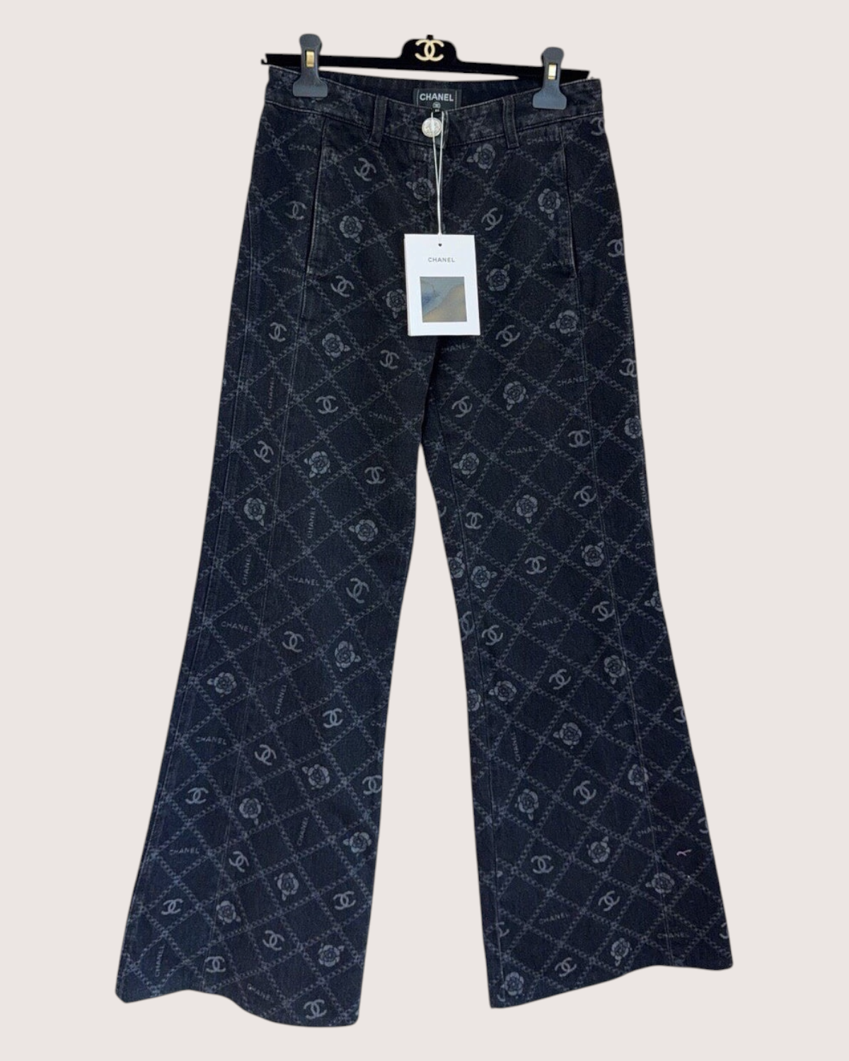 Chanel 23A Camellia Logo Flare Denim Jeans Black, Grey FR 36