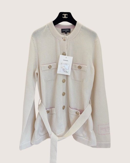 Chanel 25B Cashmere Belted Cardigan Beige/Ecru, Pink FR 36
