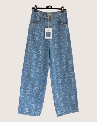Chanel 23B CC Wide-Leg Denim Jeans Blue FR 34