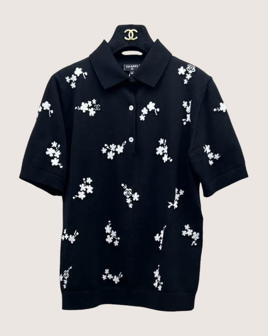 Chanel 26P Floral Polo Top - Black, White
