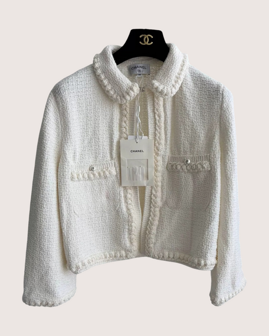 Chanel 25P Pearl-Trim Tweed Cardigan - White