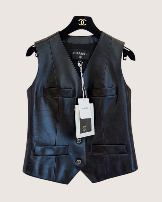 Chanel 25A Leather Four-Pocket Vest Black FR 38