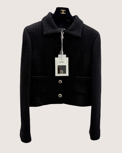 Chanel 25K Sequin Tweed Cropped Jacket Black FR 40