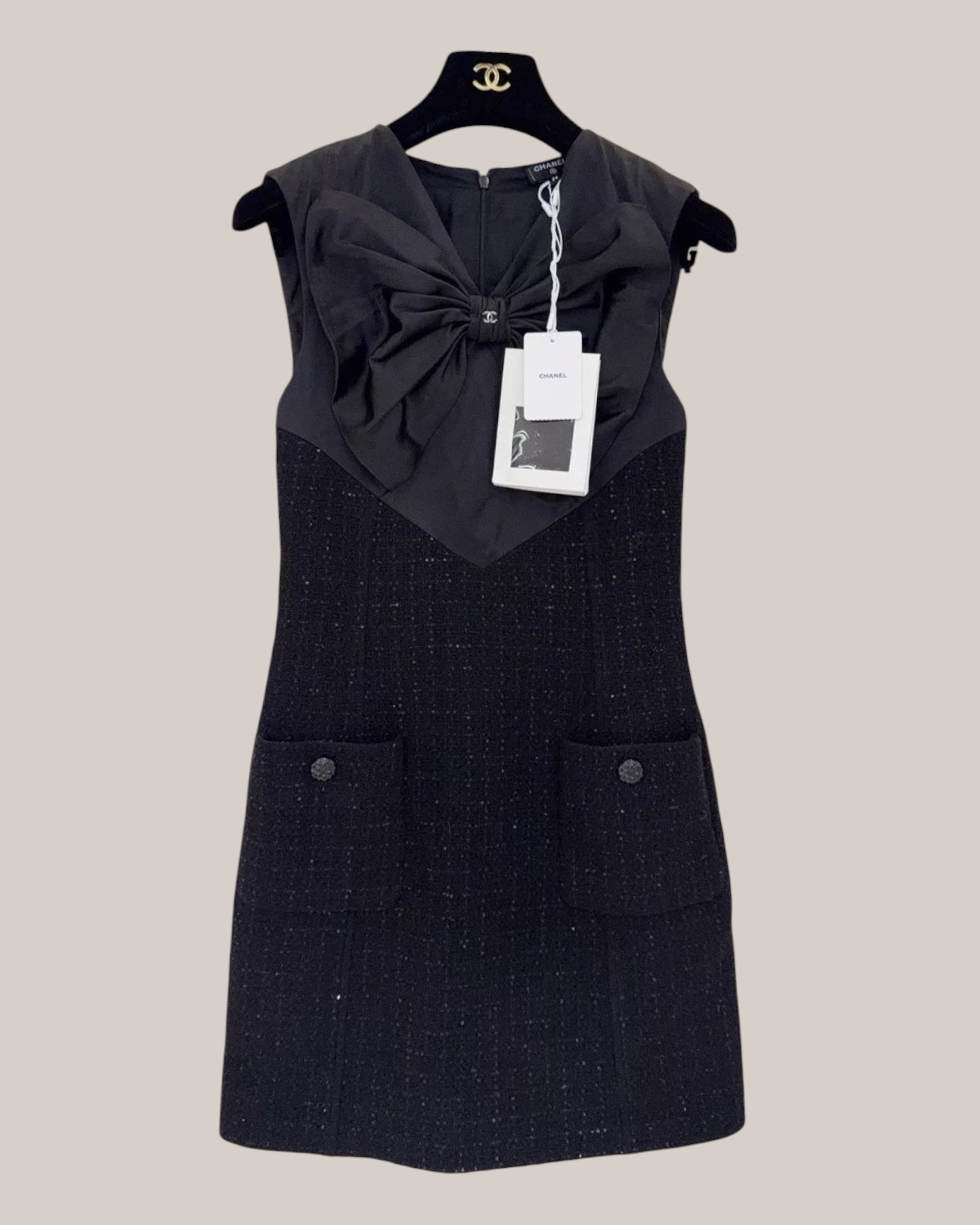 Chanel 25K Bow Tweed Sleeveless Dress Black FR 34