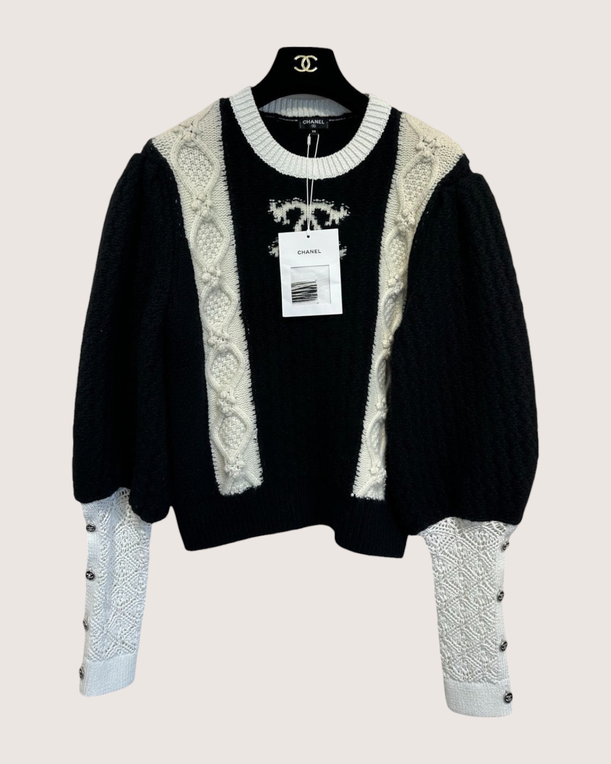 Chanel 21A Wool Puff-Sleeve Cable-Trim Sweater Black, White FR 38