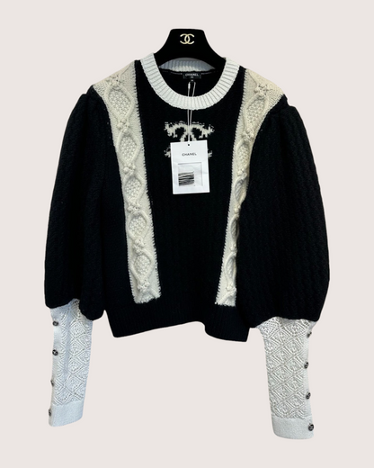 Chanel 21A Wool Puff-Sleeve Cable-Trim Sweater Black, White FR 38