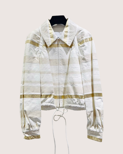 Chanel 18C Striped Leather Zip-Up Jacket White, Gold FR 36