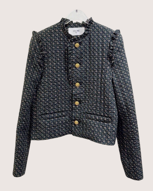 Celine Ruffle-Trim Geometric-Print Cropped Jacket Navy, Green, Multicolor FR 36