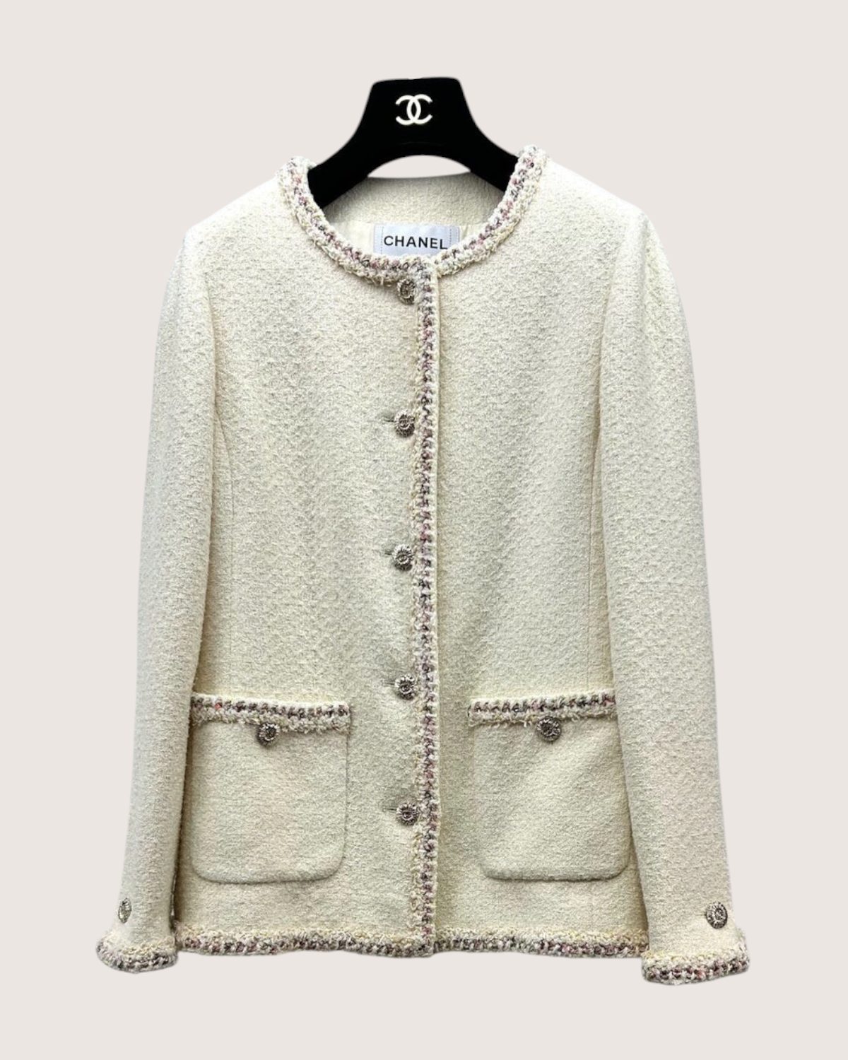 Chanel 26C Sequin-Trim Tweed Jacket Beige/Ecru, Pink FR 40