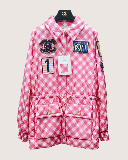 Chanel 23C Sequin-Logo Checked Jacket Pink, White FR 34