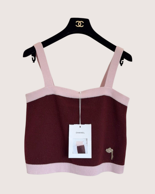 Chanel 25A Cashmere Two-Tone Cropped Top Burgundy, Pink FR 36