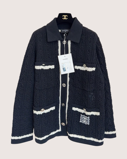 Chanel 24P Openwork Four-Pocket Cardigan Black, White FR 36