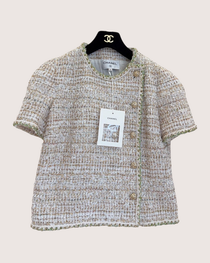 Chanel 26C Braided-Trim Short-Sleeve Tweed Jacket Beige/Ecru, Gold, Green FR 40