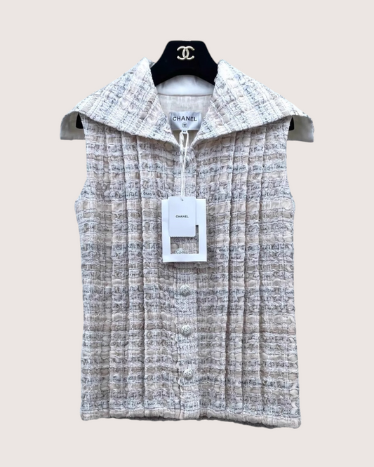 Chanel 22C Coco Chanel Tweed Vest Beige/Ecru, Grey FR 34