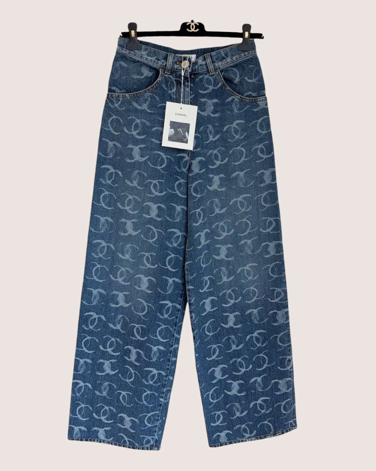 Chanel Sequin CC Wide-Leg Denim Jeans Blue, Silver FR 34