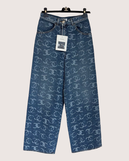 Chanel Sequin CC Wide-Leg Denim Jeans Blue, Silver FR 34