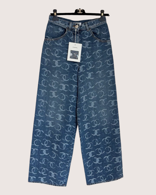 Chanel Sequin CC Wide-Leg Denim Jeans Blue, Silver FR 34