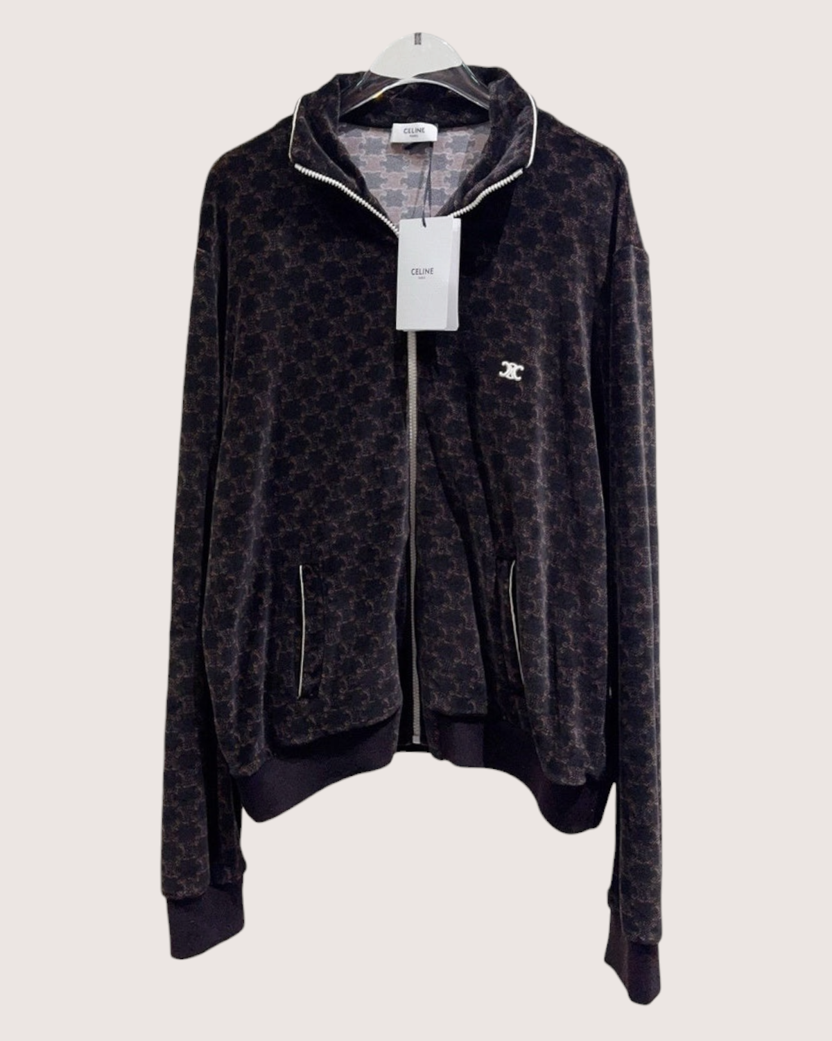 Celine Velvet Monogram Zip-Up Jacket Brown, Black FR 36