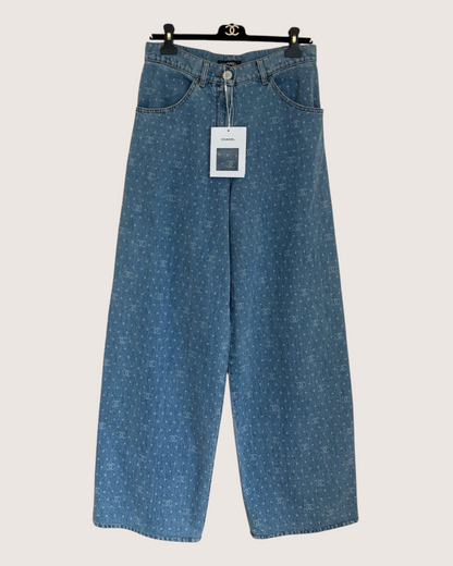 Chanel 23P CC Wide-Leg Denim Jeans Blue, White FR 36
