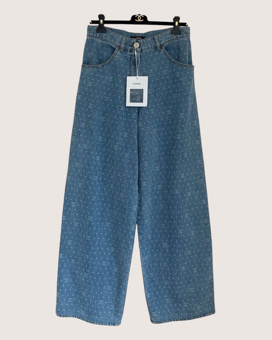 Chanel 23P CC Wide-Leg Denim Jeans Blue, White FR 36