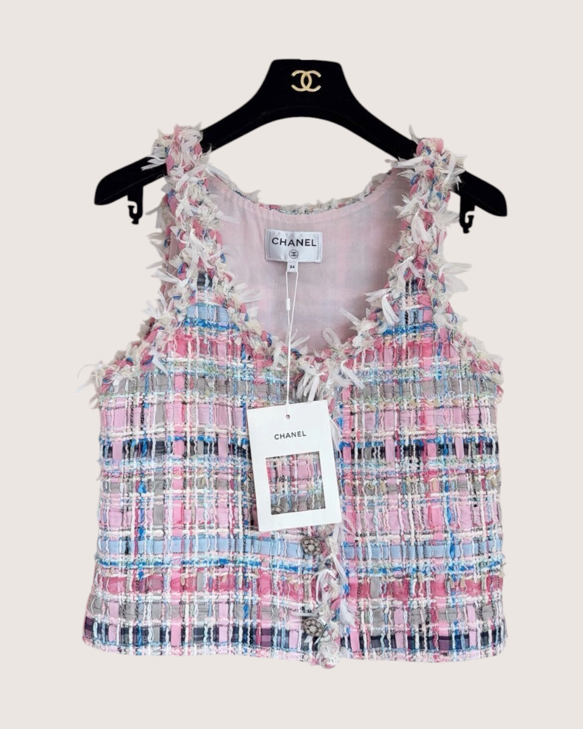 Chanel 25S Fringe-Trim Tweed Vest Pink, Blue, White, Multicolor FR 34
