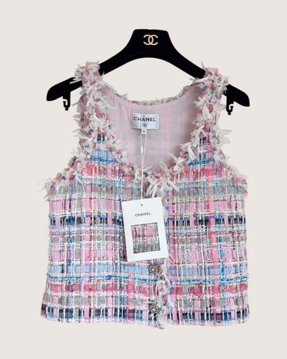 Chanel 25S Fringe-Trim Tweed Vest Pink, Blue, White, Multicolor FR 34