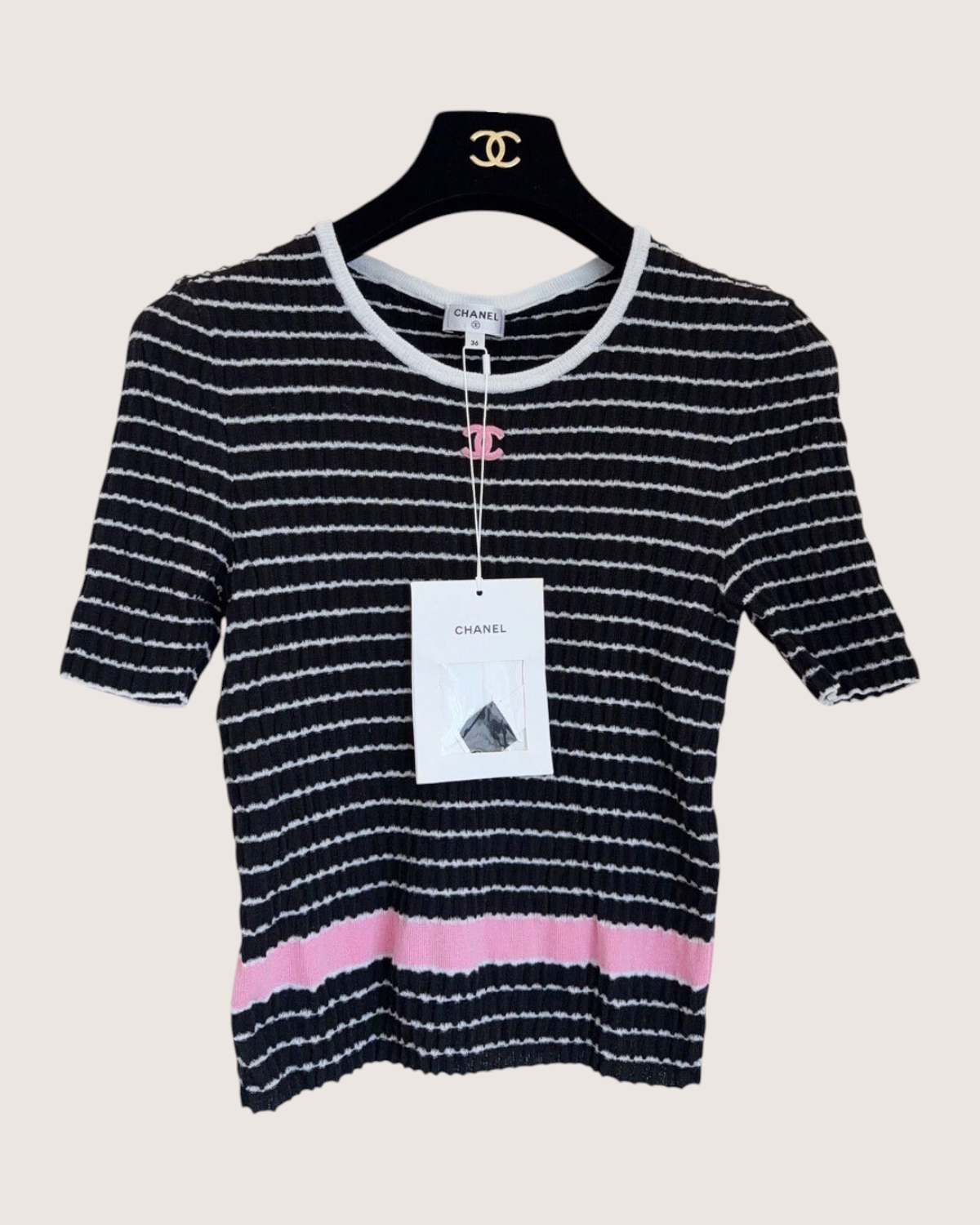 Chanel 24P CC Striped T-Shirt Black, White, Pink FR 36