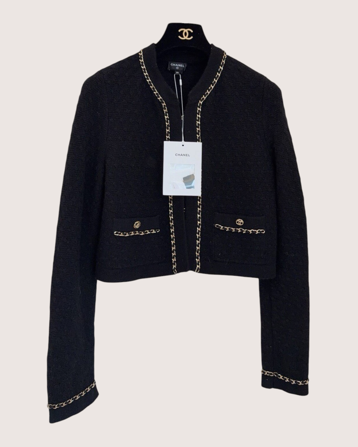 Chanel 23B Cashmere Cropped Chain-Trim Jacket Black, Gold FR 38