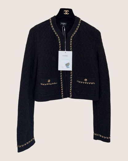 Chanel 23B Cashmere Cropped Chain-Trim Jacket Black, Gold FR 38