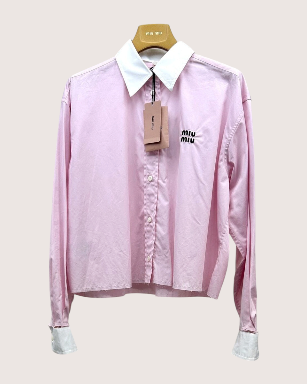 Miu Miu Cropped Contrast-Collar Logo Shirt Pink, White IT 36