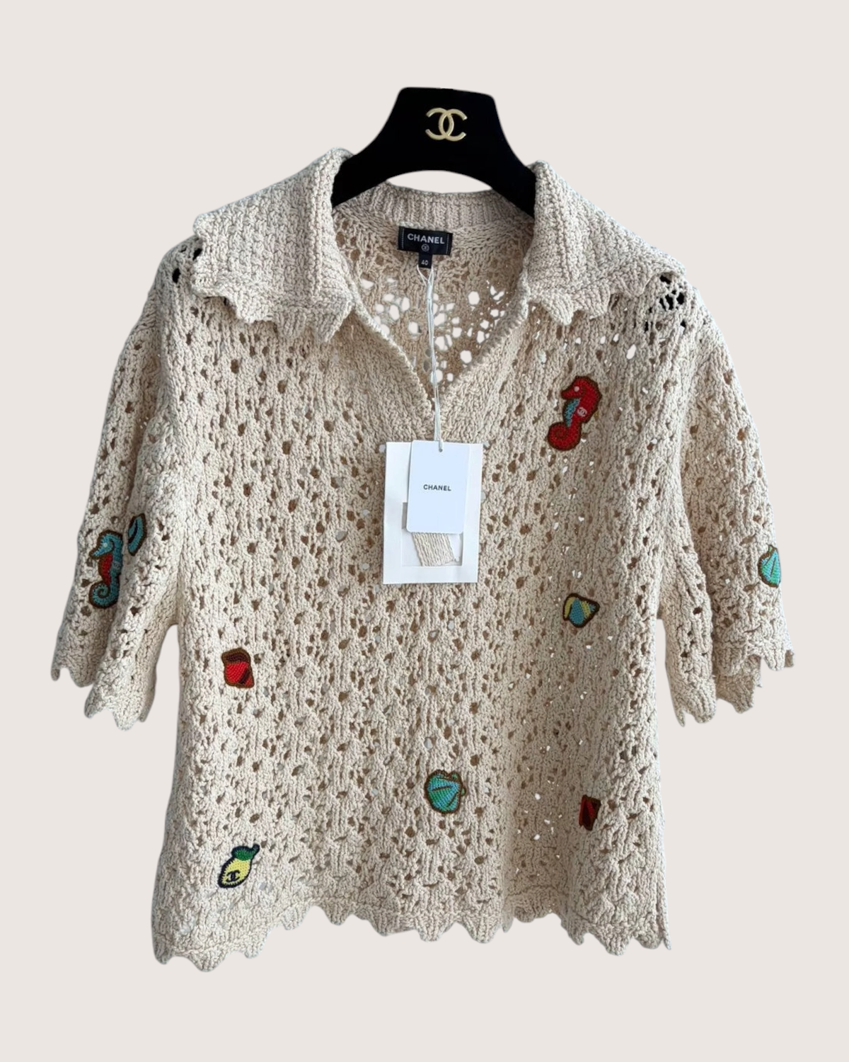 Chanel 26M Coco Beach Crochet Openwork Top Beige/Ecru, Multicolor FR 40