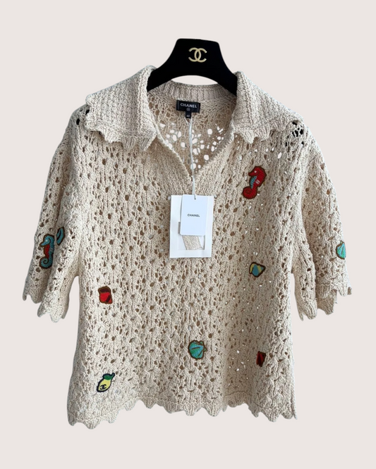 Chanel 26M Coco Beach Crochet Openwork Top Beige/Ecru, Multicolor FR 40