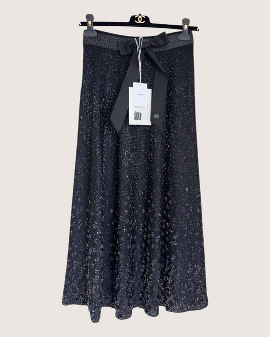 Chanel 25P Bow Shimmer Maxi Skirt Black, Silver FR 36