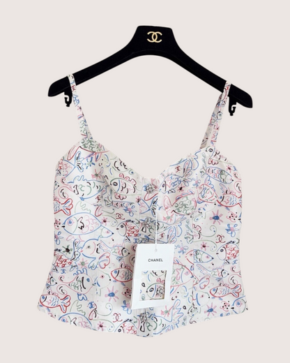 Chanel 25C Fish Print Camisole Top White, Multicolor FR 36