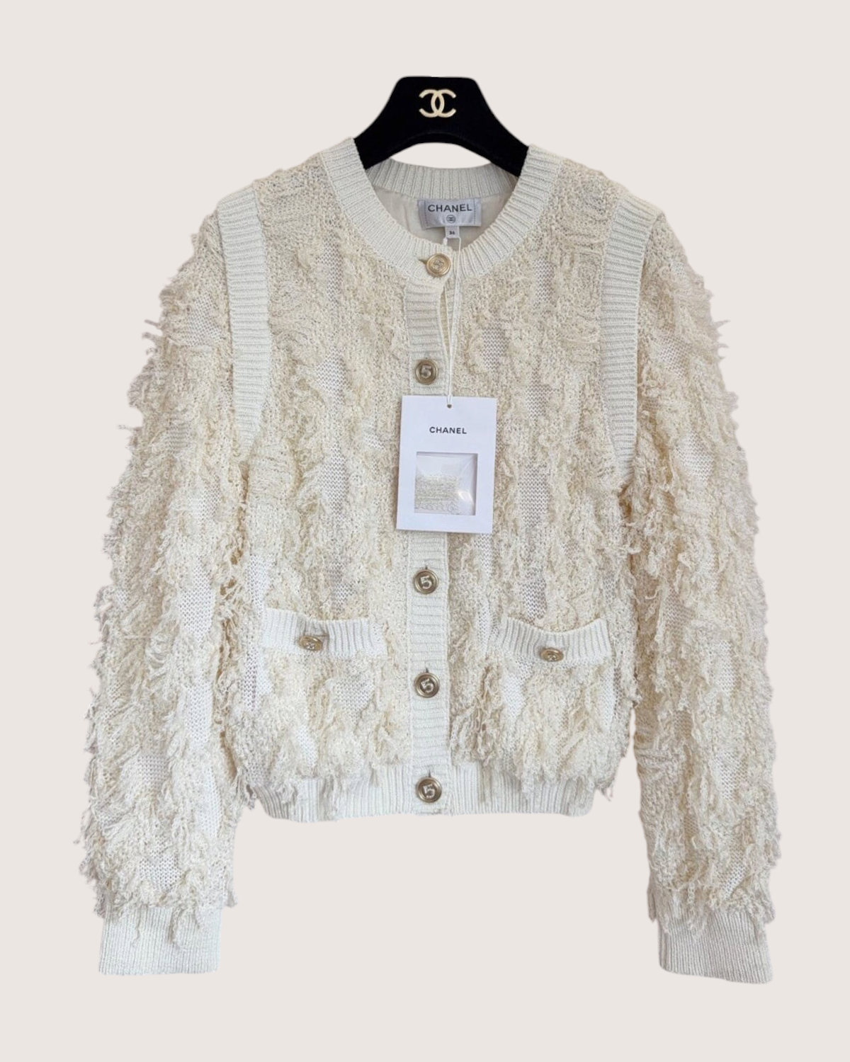 Chanel 21S Fringe Cardigan Beige/Ecru FR 36