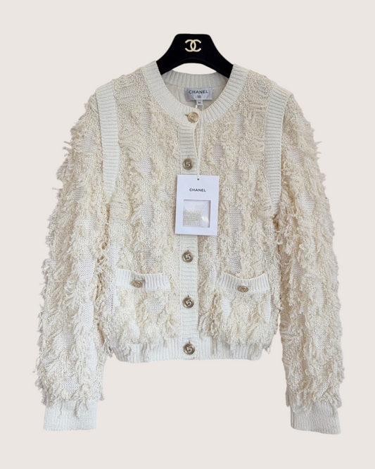 Chanel 21S Fringe Cardigan Beige/Ecru FR 36