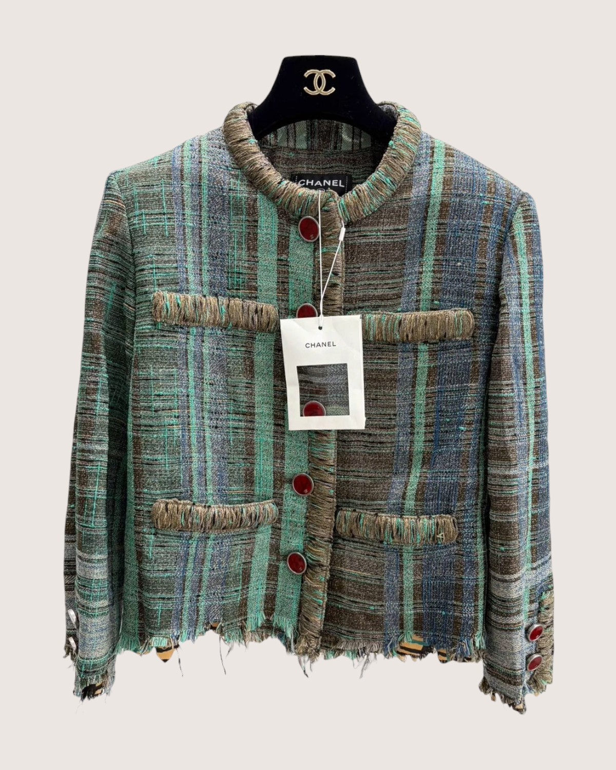Chanel 26S Plaid Tweed Jacket Green, Brown, Blue FR 34