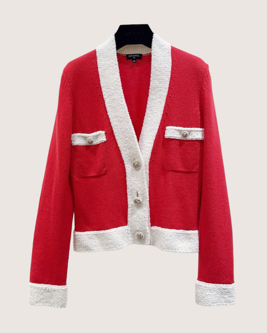Chanel 19K Cashmere Bouclé-Trim Cardigan - Red, White