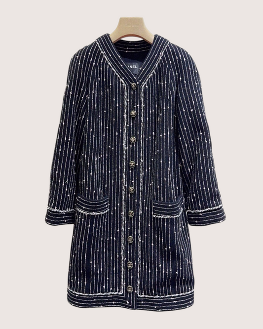 Chanel 23P Striped Tweed Coat Navy, White, Pink FR 34