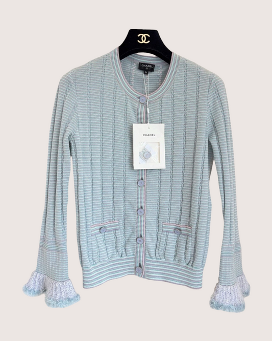 Chanel 25B Cashmere Striped Ruffle-Cuff Cardigan Blue, Green, Multicolor FR 36