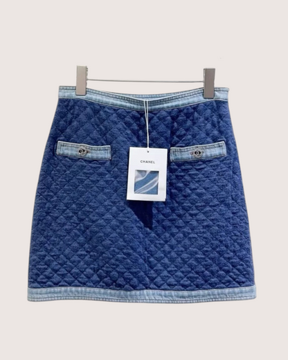 Chanel 20P Quilted Denim Crystal-Button Mini Skirt Blue FR 38