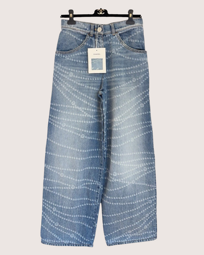 Chanel 25P CC Pearl-Print Wide-Leg Denim Jeans Blue FR 34