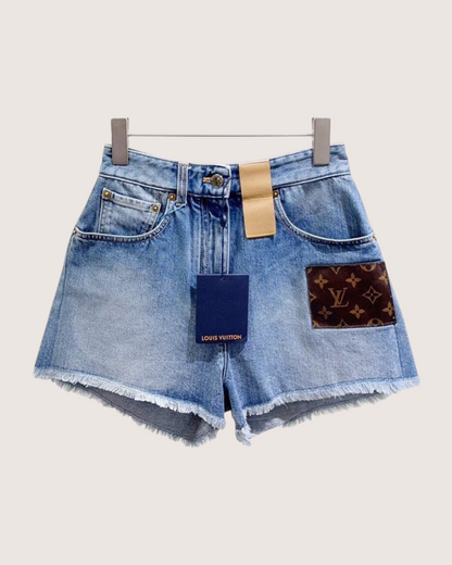 Louis Vuitton Monogram-Patch Frayed Denim Shorts Blue, Brown FR 36