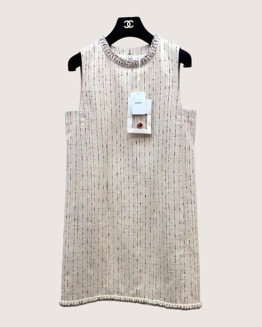 Chanel 26B Tweed Braided-Trim Mini Dress Beige/Ecru, Multicolor FR 36