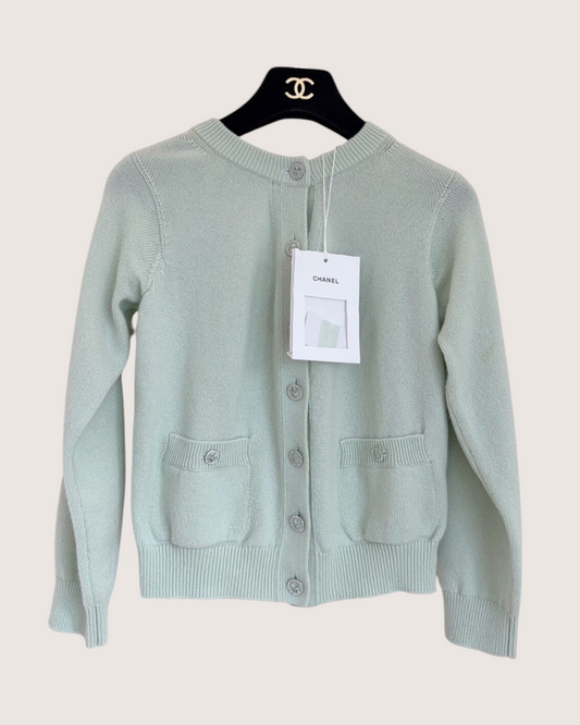 Chanel 25S Cashmere Patch-Pocket Cardigan Green FR 34