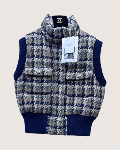 Chanel 24N Coco Neige Houndstooth Tweed Vest Beige/Ecru, Navy FR 36