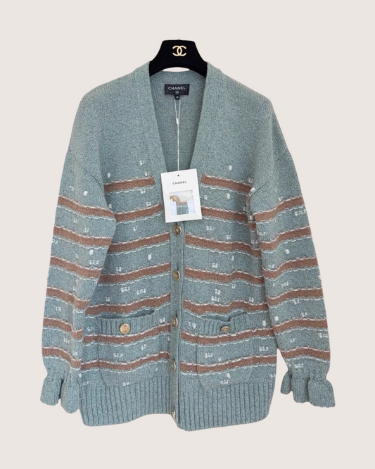 Chanel 24K Striped Cashmere Cardigan Blue, Brown FR 36