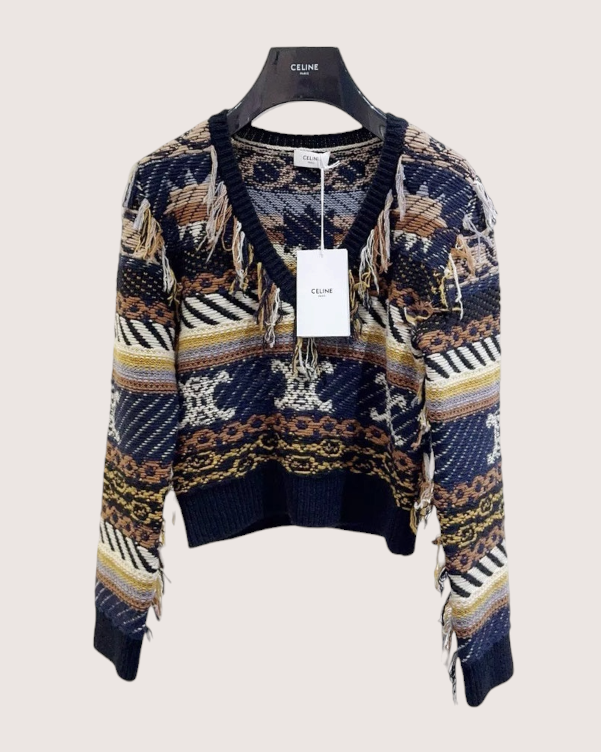 Celine Wool Fringe Cropped Sweater Navy, Beige/Ecru, Multicolor FR 38
