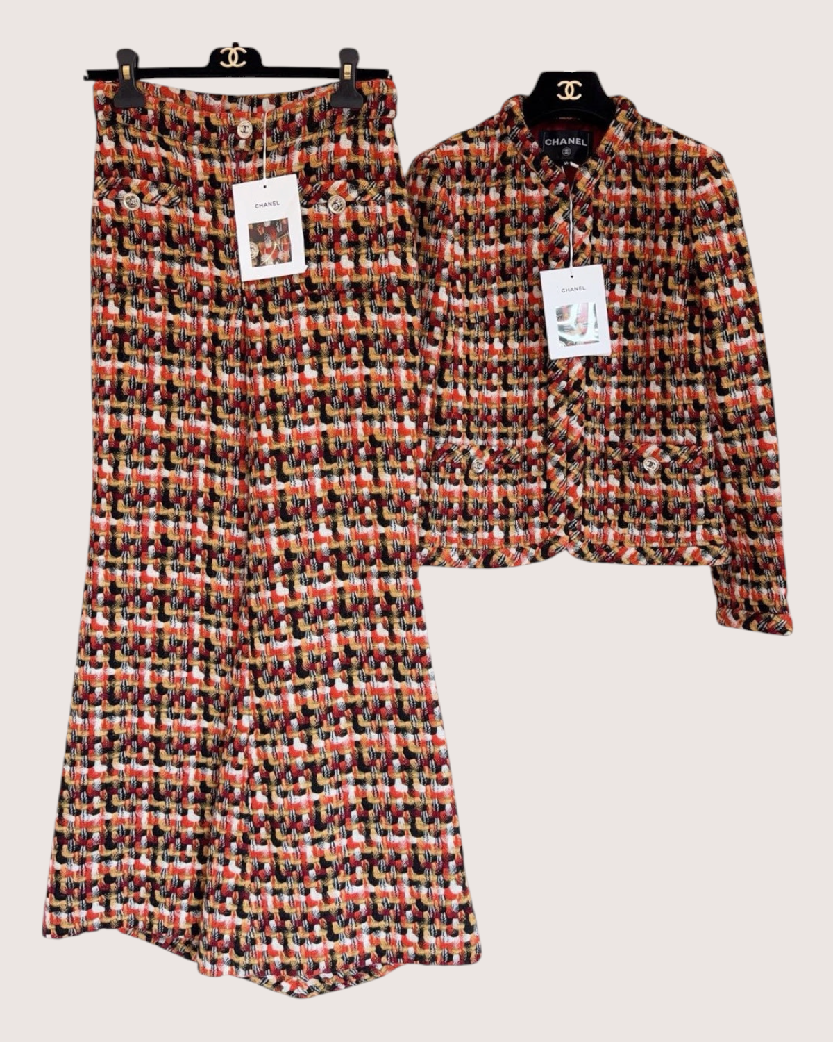 Chanel 23A Tweed Jacket & Trousers Set Orange, Black, Multicolor FR 34